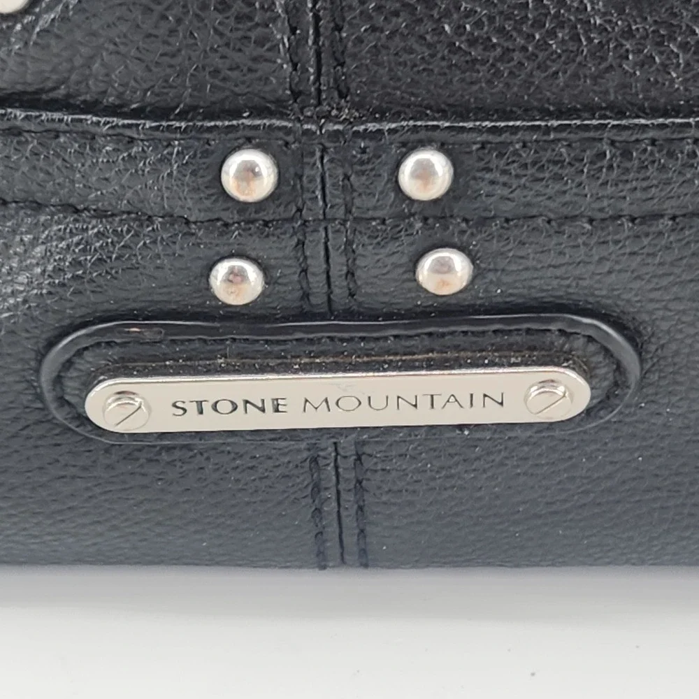 Stone Mountain Black Leather Crossbody Bag Dual Zip Top Multi Pocket Studded